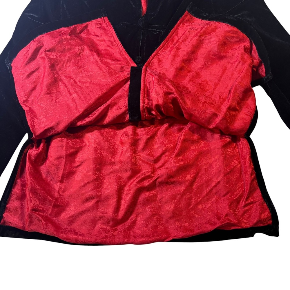 Newport News Black Velvet Mandarin Jacket Red Floral Embroidery Frog Closure 12 - Picture 7 of 13